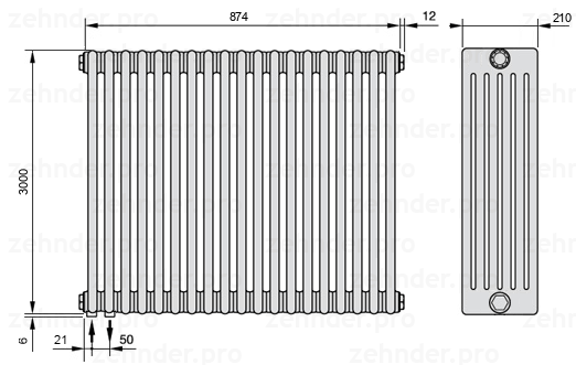 Схема (чертеж) Радиатор Zehnder Charleston 6300/19 №3370 Белый глянцевый RAL 9016